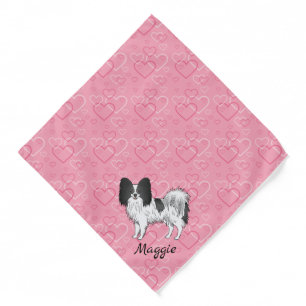 Black And White Papillon Cute Dog On Pink Hearts Bandana