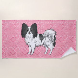 Black And White Papillon Cute Dog On Pink Hearts Beach Towel