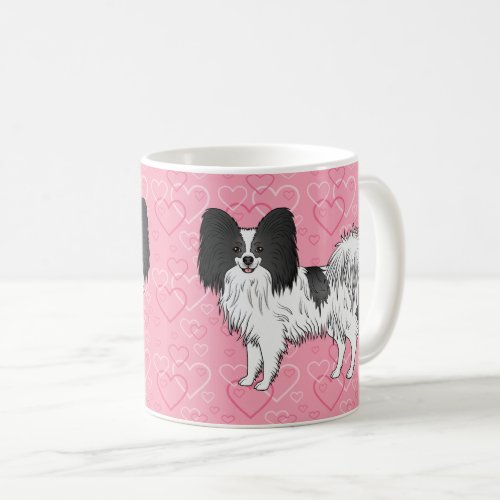 Black And White Papillon Cute Dog On Pink Hearts Coffee Mug