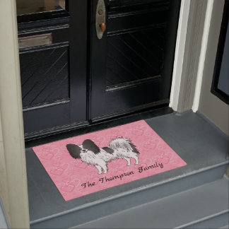 Black And White Papillon Cute Dog On Pink Hearts Doormat
