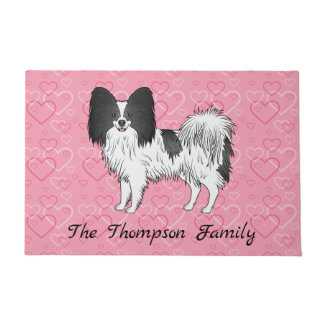 Black And White Papillon Cute Dog On Pink Hearts Doormat