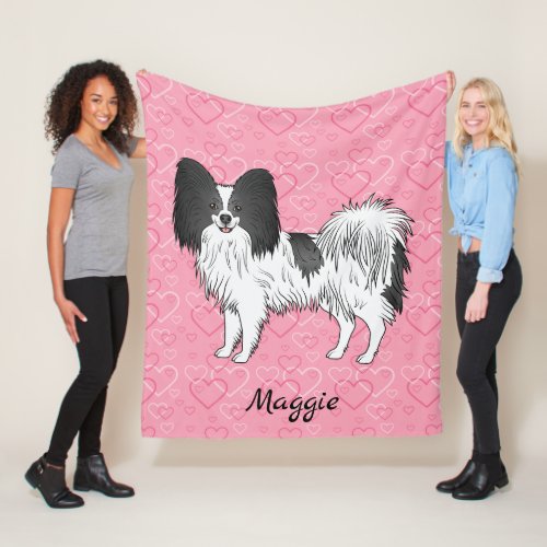 Black And White Papillon Cute Dog On Pink Hearts Fleece Blanket