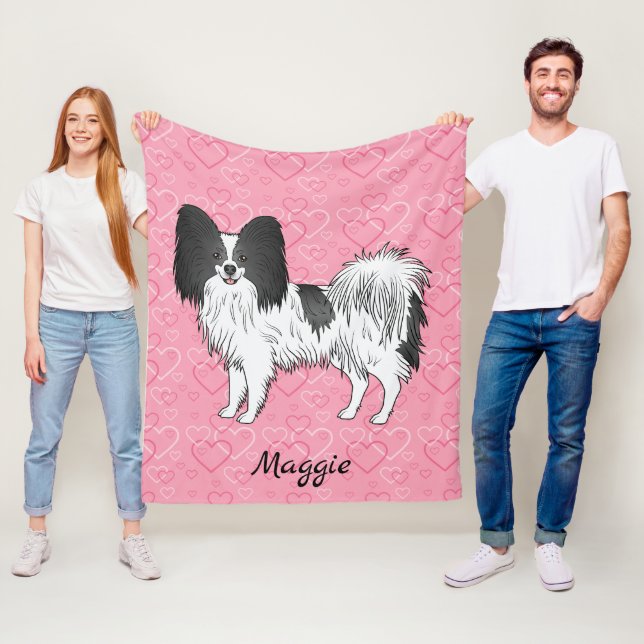 Black And White Papillon Cute Dog On Pink Hearts Fleece Blanket (In Situ)
