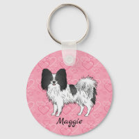 Black And White Papillon Cute Dog On Pink Hearts