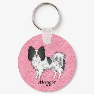 Black And White Papillon Cute Dog On Pink Hearts Keychain