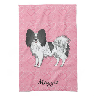 Black And White Papillon Cute Dog On Pink Hearts Kitchen Towel