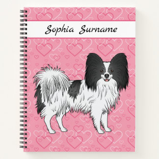 Black And White Papillon Cute Dog On Pink Hearts Notebook