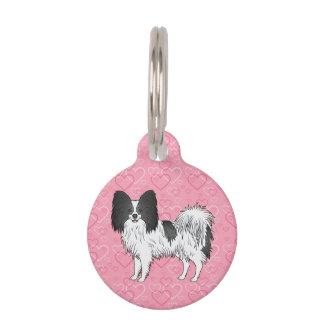 Black And White Papillon Cute Dog On Pink Hearts Pet ID Tag