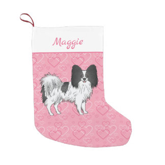 Black And White Papillon Cute Dog On Pink Hearts Small Christmas Stocking