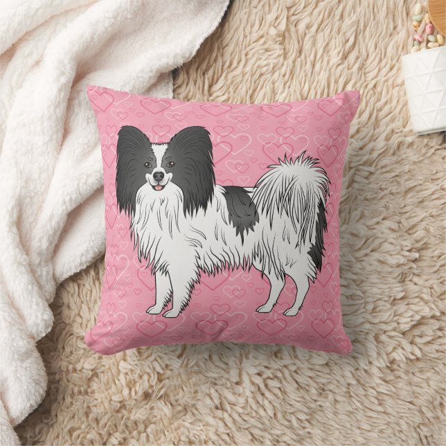 Black And White Papillon Cute Dog On Pink Hearts Throw Pillow (Blanket)