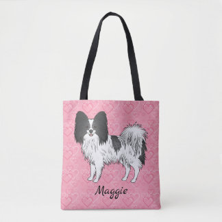 Black And White Papillon Cute Dog On Pink Hearts Tote Bag