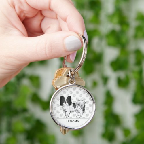 Black And White Papillon Cute Dog With Custom Name Keychain