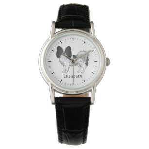 Black And White Papillon Cute Dog With Custom Name Watch