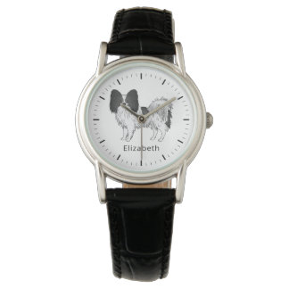 Black And White Papillon Cute Dog With Custom Name Watch