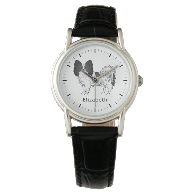Black And White Papillon Cute Dog With Custom Name Watch (Front)