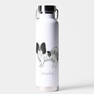 Black And White Papillon Cute Dog With Custom Name Water Bottle
