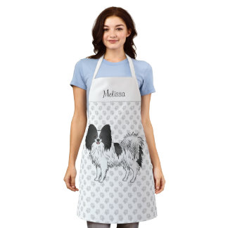 Black And White Papillon Cute Dog With Custom Text Apron