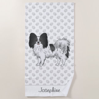 Black And White Papillon Cute Dog With Custom Text Beach Towel