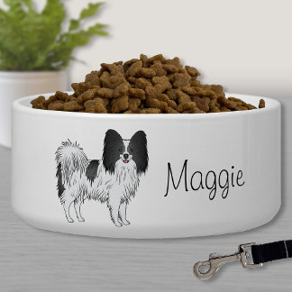 Black And White Papillon Cute Dog With Custom Text Bowl