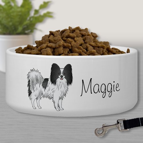 Black And White Papillon Cute Dog With Custom Text Bowl