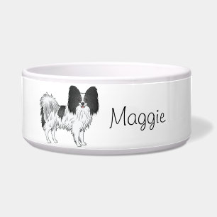Black And White Papillon Cute Dog With Custom Text Bowl