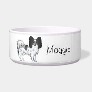 Black And White Papillon Cute Dog With Custom Text Bowl