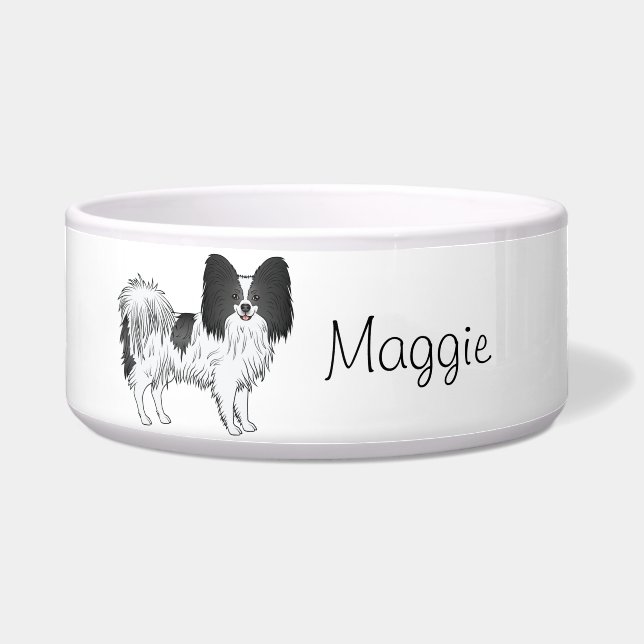 Black And White Papillon Cute Dog With Custom Text Bowl (Front)