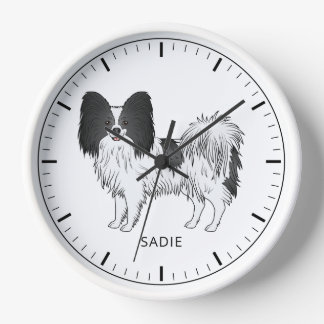 Black And White Papillon Cute Dog With Custom Text Clock