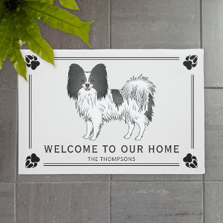 Black And White Papillon Cute Dog With Custom Text Doormat