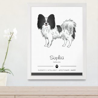 Black And White Papillon Cute Dog With Custom Text Framed Art