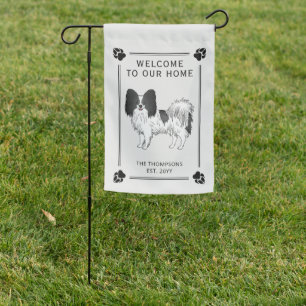 Black And White Papillon Cute Dog With Custom Text Garden Flag