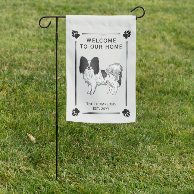 Black And White Papillon Cute Dog With Custom Text Garden Flag (In SItu)