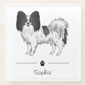Black And White Papillon Cute Dog With Custom Text Glass Coaster