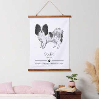 Black And White Papillon Cute Dog With Custom Text Hanging Tapestry
