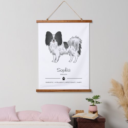 Black And White Papillon Cute Dog With Custom Text Hanging Tapestry