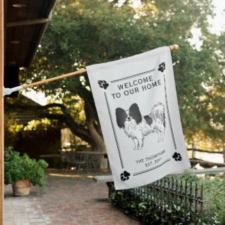 Black And White Papillon Cute Dog With Custom Text House Flag