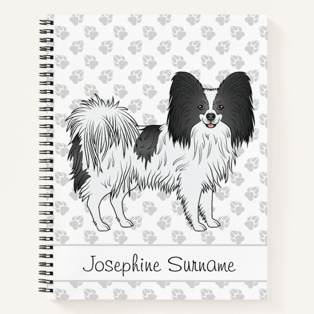 Black And White Papillon Cute Dog With Custom Text Notebook (Front)