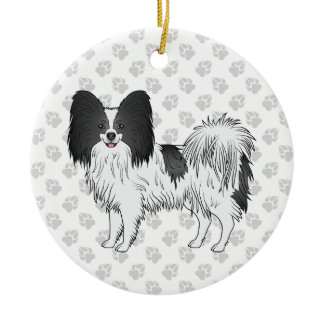 Black And White Papillon Cute Dog With Paws Ceramic Ornament