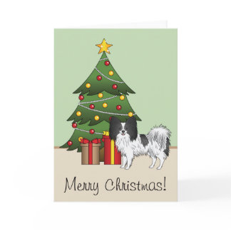 Black And White Papillon Dog By A Christmas Tree Card