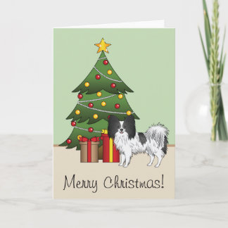 Black And White Papillon Dog By A Christmas Tree Card