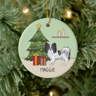 Black And White Papillon Dog By A Christmas Tree Ceramic Ornament