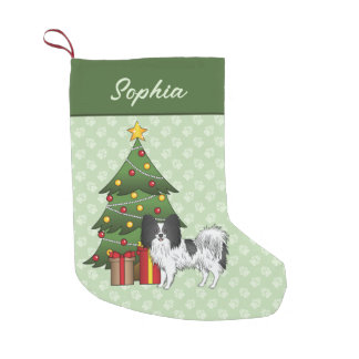 Black And White Papillon Dog By A Christmas Tree Small Christmas Stocking