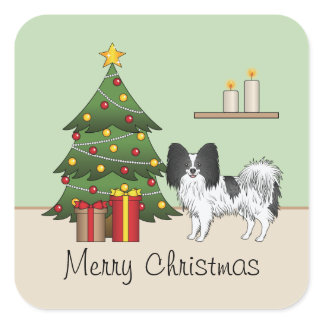 Black And White Papillon Dog By A Christmas Tree Square Sticker