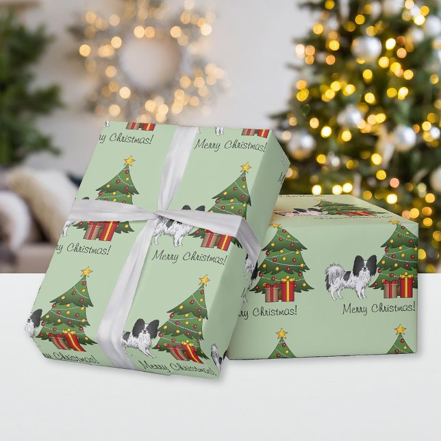 Black And White Papillon Dog By A Christmas Tree Wrapping Paper (Creator Uploaded)
