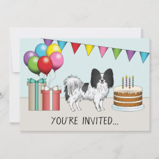 Black And White Papillon Dog Colorful Birthday Invitation