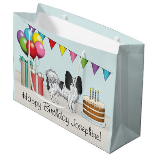 Black And White Papillon Dog Colorful Birthday Large Gift Bag