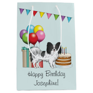 Black And White Papillon Dog Colorful Birthday Medium Gift Bag