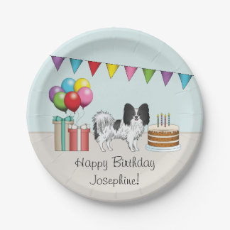 Black And White Papillon Dog Colorful Birthday Paper Plates