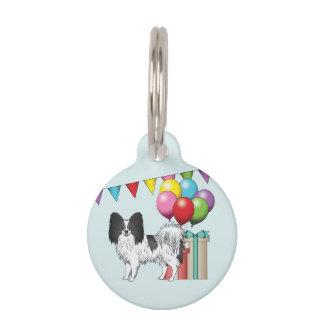 Black And White Papillon Dog Colorful Birthday Pet ID Tag