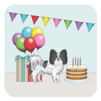 Black And White Papillon Dog Colorful Birthday Square Sticker